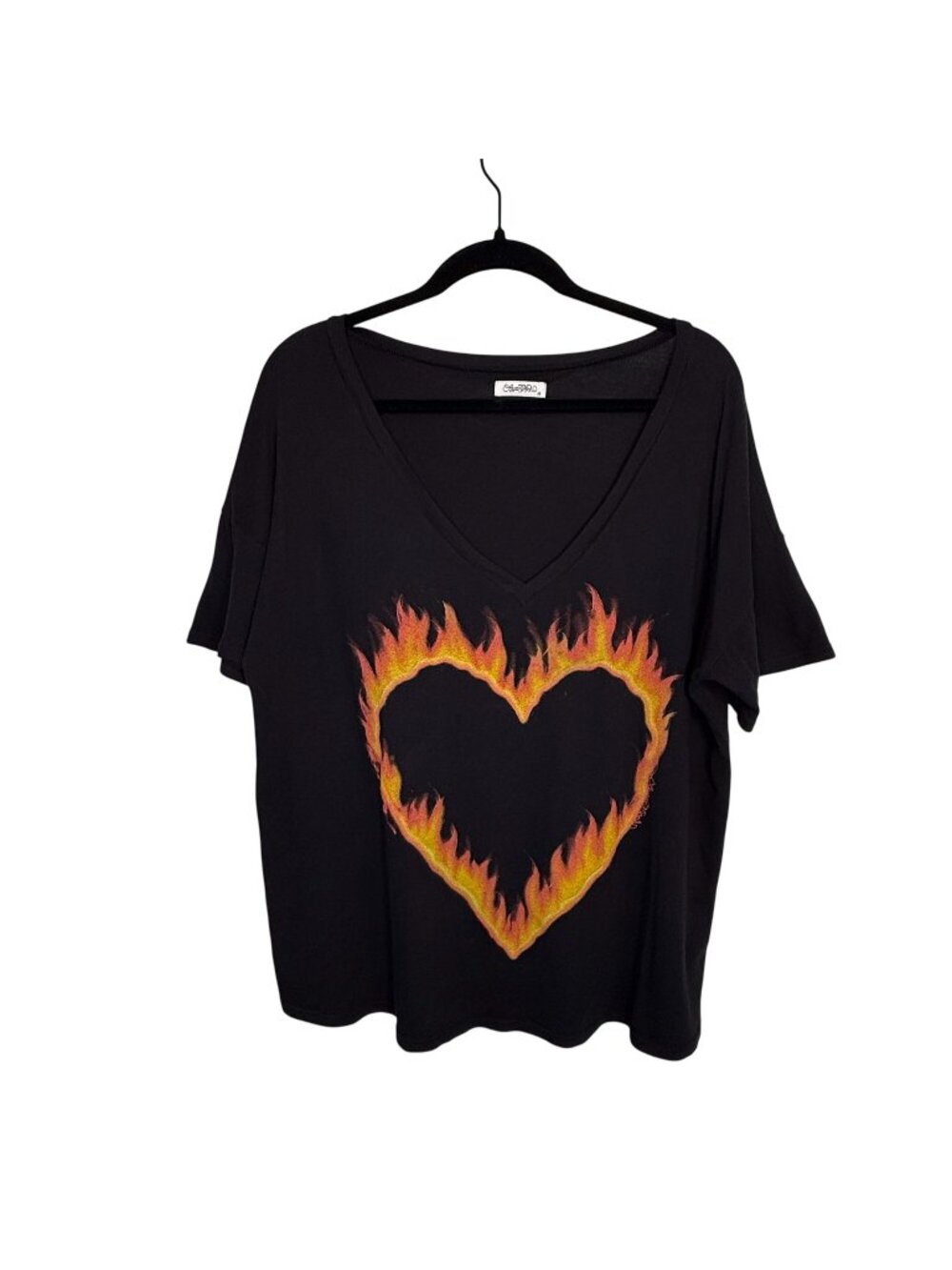 Lauren Moshi Size M Fire Heart V-Neck T-Shirt Ultra Soft Jersey Knit Relaxed Fit